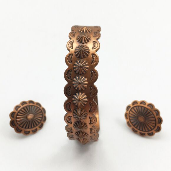 Vintage Southwest Concho Solid Copper Cuff Bracelet & Screw Back Earrings - Picture 2 of 9